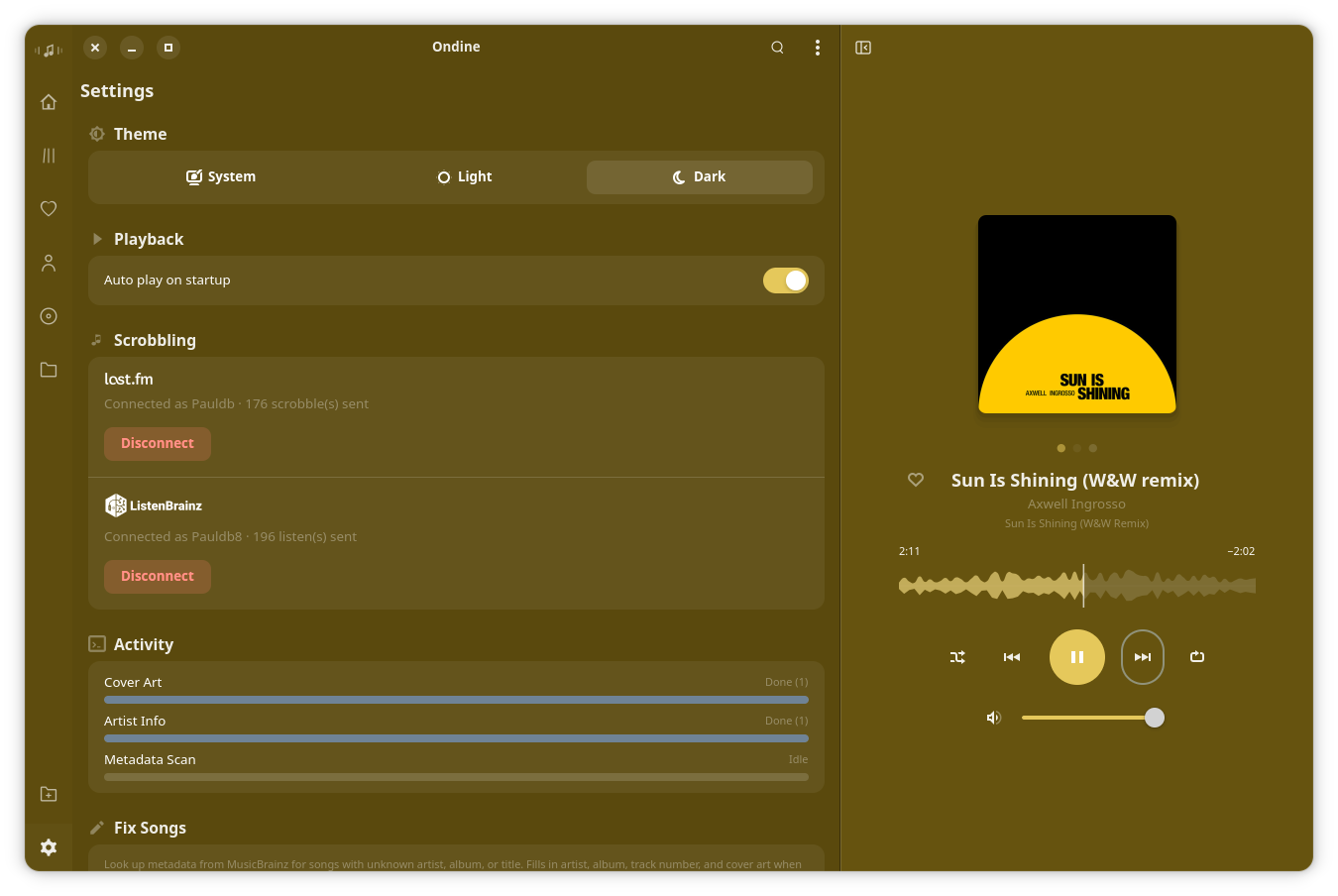 Ondine — Settings dark mode